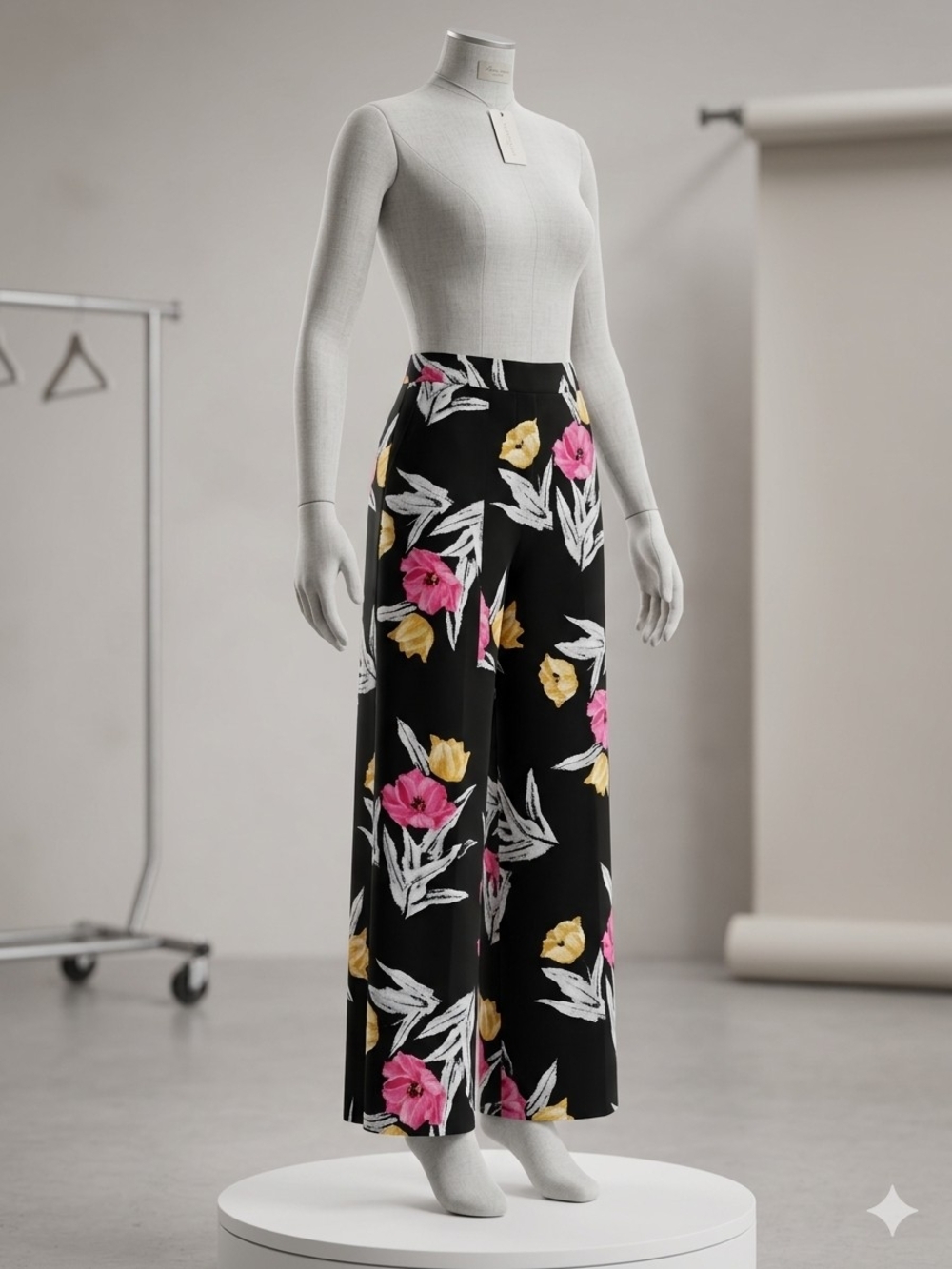 Wide-Leg Floral Palazzo Pants in Black with Pink & Yellow Blooms